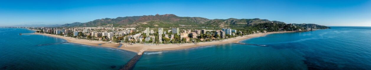 Fototapeta na wymiar Panorama and Areal Sea View of Benicàssim, a municipality and beach resort located in the province of Castelló, on the Costa del Azahar in Spain