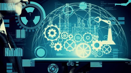 Futuristic industry 4.0 and inventive mechanized engineering concept with graphic user interface...