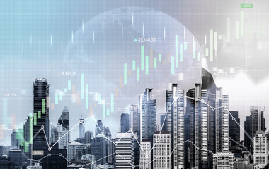 Financial graphs and digital indicators overlap with modernistic urban area, skyscrabber for stock market business concept. Double exposure.