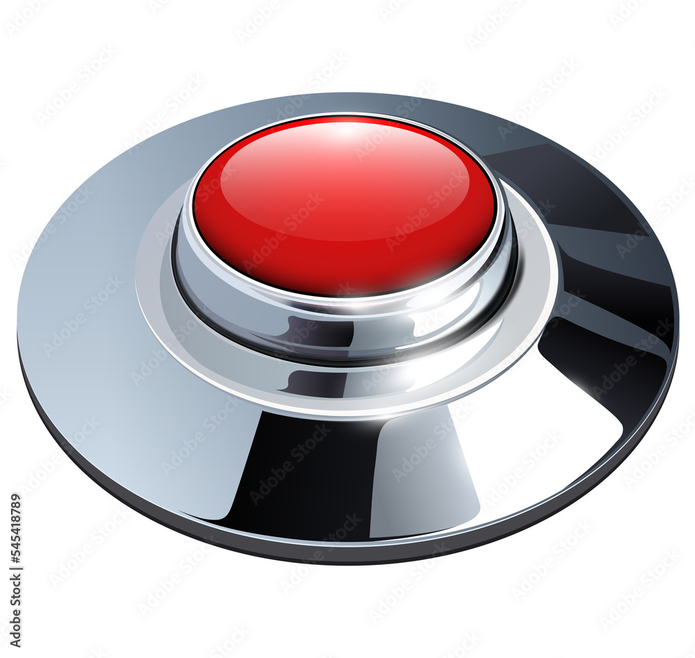 Poster red web button with chrome, metallic elements shiny metal icon isolated.
