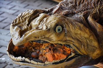 close up of the scary mouth of a dried and stuffed dangerous fish