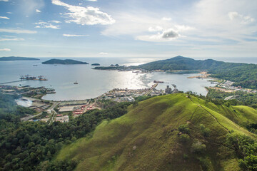 aerial view of Sepanggar Port in Sepanggar Bay, Sabah, Malaysia.