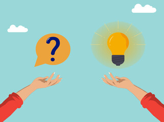 Question and answer, businessman hand holding question mark with other reply with lightbulb. solving problem or business solution.