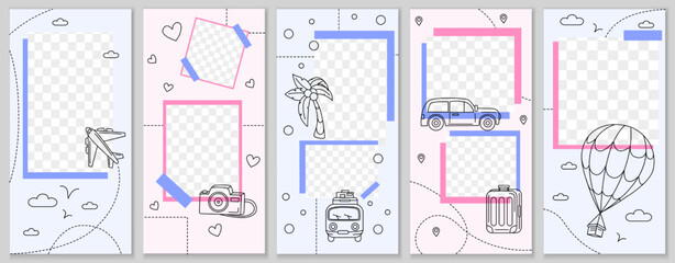 Travel story template. Doodle summer tourism. Sketch brand post layout. Vacation plane flight and car journey banner. Beach rest. Photo transparent frames. Vector blog backgrounds set