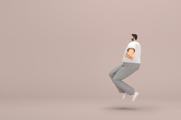 Obraz premium The man with beard wearinggray corduroy pants and white collar t-shirt. He is jumping. 3d rendering of cartoon character in acting.