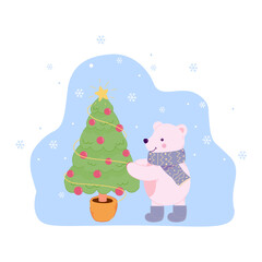 cute polar bear decorates the Christmas tree cartoon illustration