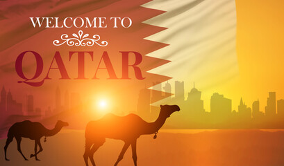 Welcome to Qatar on sunset background . Hospitality concept.