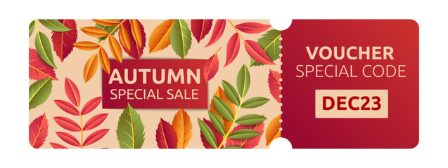 Autumn discount card, special code for sale, coupon design. Thanksgiving fall season gift, holiday offer voucher, nature leaves. Marketing promo ticket. Vector promo garish background