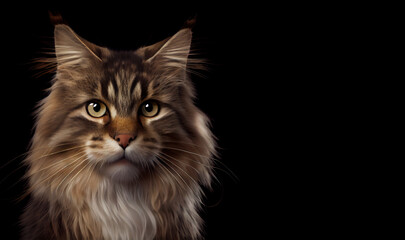 Obraz premium Adorable norwegian forest cat on dark background, space for text. Portrait of a norwegian forest cat. Cute cat. Digital art