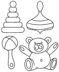 Monochrome Set of pictures with children's toys for development and games with a child cartoon