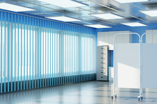 Medical office. Interior modern hospital. Room in private clinic with large windows. Interior clinic without anyone. Spacious office therapist or surgeon. Clinic for admission of patients. 3d image.