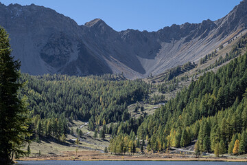 View of Lac de I'Orceyrette, Bois des Ayes Biological Nature Reserve, Briancon, France