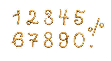 Numbers from 0 to 9 and percentage sign golden plasticine clay on a white background, cute dough shape