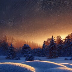 Fototapeta premium Beautiful winter with a pine forest at sunset.