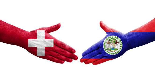 Handshake between Switzerland and Belize flags painted on hands, isolated transparent image.