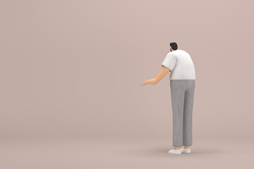 The man with beard wearinggray corduroy pants and white collar t-shirt. He is expression  of hand when talking. 3d rendering of cartoon character in acting.