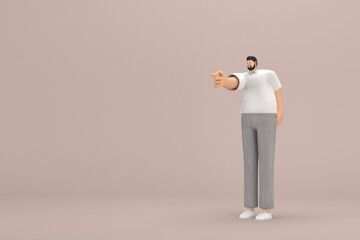 The man with beard wearinggray corduroy pants and white collar t-shirt. He is expression  of hand when talking. 3d rendering of cartoon character in acting.