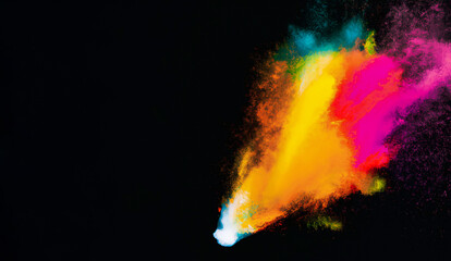 Chaotic of colored powder on black background. Abstract powder splatted background