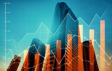 As background for a financial or business concept, digital screen and financial graphs overlap on a picture of modernistic cityscape, skyscrabbers.
