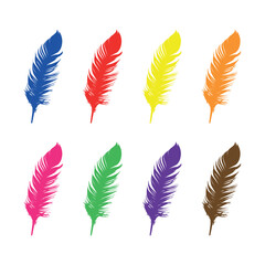 Various colored feather icons, bird feather collection vector illustration.
