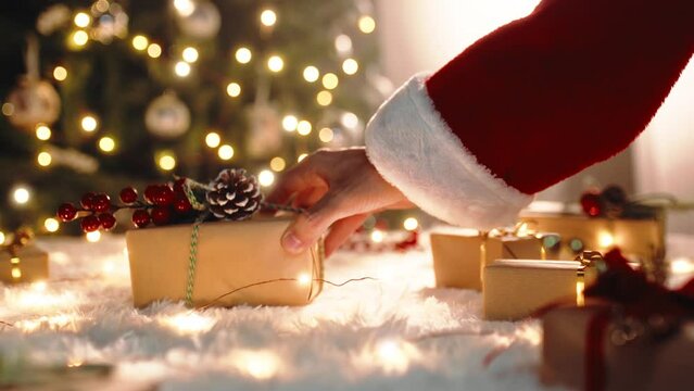 Santa Claus carries Christmas presents under the tre