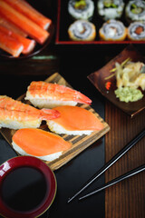 Sushi Set nigiri shrimp and salmon on wood,top view, close up