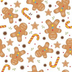 Gingerbread men, snowflakes and Christmas trees seamless pattern. Christmas or New Year background. Festive baked, cute design.