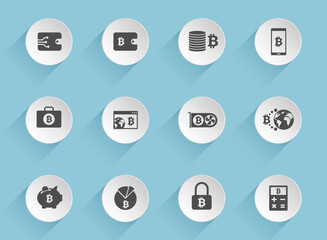 bitcoin vector icons on round puffy paper circles with transparent shadows on blue background. cryptocurrency stock vector icons for web, mobile and user interface design
