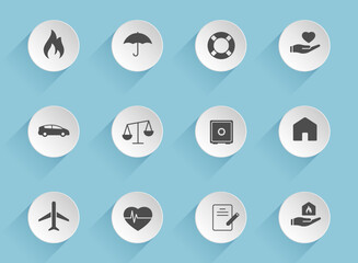 insurance vector icons on round puffy paper circles with transparent shadows on blue background. insurance stock vector icons for web, mobile and user interface design
