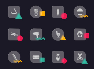 barbershop glass morphism trendy style icons. barbershop transparent glass vector icons with color memphis figures. for web and ui design, mobile apps and promo business advertising