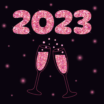 Two sparkling glasses of champagne and lettering 2023 with pink glitter. Dark background with star light.