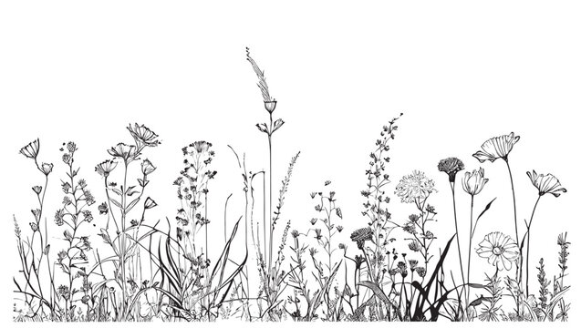 Beautiful wild flowers in the field hand drawn sketch Vector illustration
