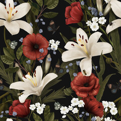 Floral seamless pattern with flowers, leaves, butterflies. luxury 3d illustration. Premium vintage wallpaper. Glamorous art with lilies and poppies. Dark background for fabric printing, cloth, posters