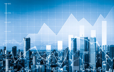 Financial graphs and digital indicators overlap with modernistic urban area, skyscrabber for stock market business concept. Double exposure.