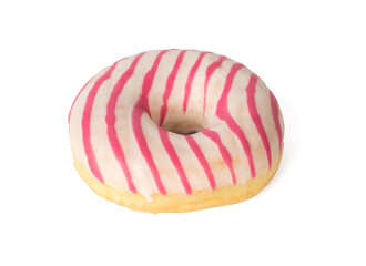 Pink and white striped donut isolated on a white background.