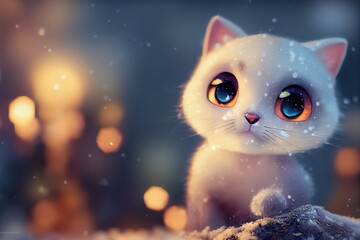 Obraz na płótnie Canvas Cute little cat in the snow, 3D rendered, computer generated