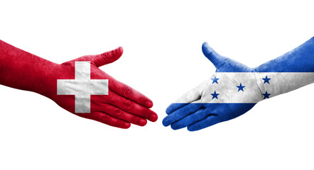 Handshake between Switzerland and Honduras flags painted on hands, isolated transparent image.
