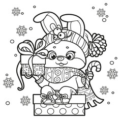 Cute cartoon rabbit in warm scarf and sweater with gift in paw sit on a gift box  outline variation for coloring page on white background