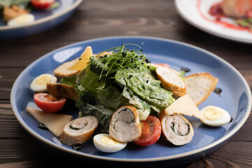 Gourmet caesar salad with grilled chicken roll on plate