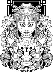 asian girl and oni demon, contour illustration design