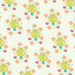 Seamless cartoon pattern with cute green frog doodle