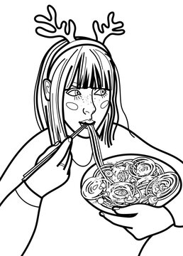 Coloring page with the image of a girl in a headband with Christmas reindeer horns, who eats spaghetti with chopsticks. 