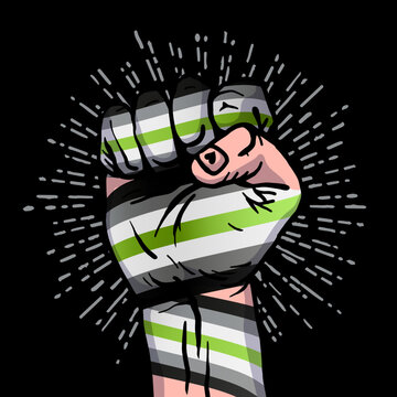 A human hand clenched into a fist. The flag of agender pride. Lack of gender identity. A colorful logo of one of the LGBT flags. Sexual identification. Vector illustration