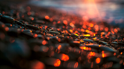 beautiful natural background from the sunset bokeh on the stone seashore