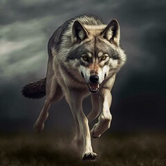wolf running frontal in the camera, hungry, gray, dangerous, deadly, generative ai