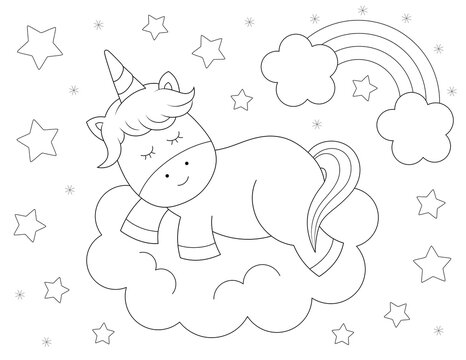 cute coloring page of a unicorn on a cloud, a rainbow and stars