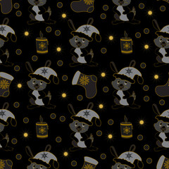 Seamless pattern for Christmas packaging, textiles,  holiday symbols illustration. wrapper or cover. Pretty rabbit