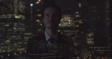 Businessman Looking at StockExchange on Virtual Screen in Office with Skyline at Night - Powered by Adobe