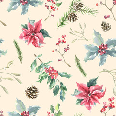 Watercolor Christmas beige seamless pattern. Winter flowers, poinsettia, holly berry, pine cone, fir,spruce, evergreen branch,twig, berry illustration.New year, xmas print, fabric,textile,scrapbooking