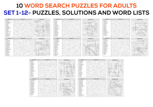 A set 10 Theme of word searches puzzles for adults and seniors with Solutions